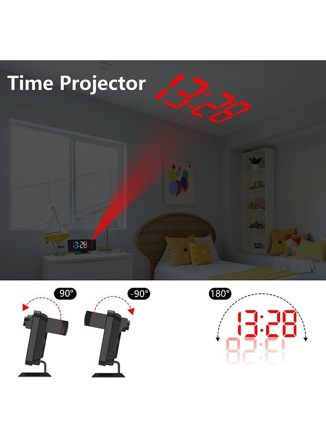 Digital 180°Projection Alarm Clock with Dynamic RGB Light Brightness Adjustable Snooze Dual Alarm Setting USB Charger Port Mirror Clock for Bedroom 12H/24H