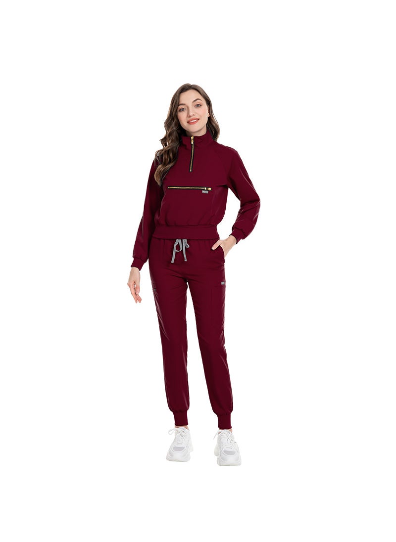 Long Sleeve Scrub Set Elastic Hospital Uniforms 42035 wine red