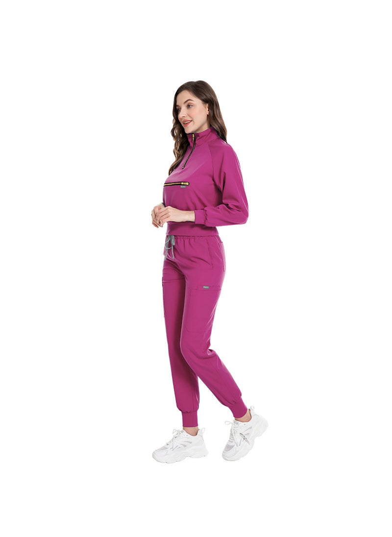 Long Sleeve Scrub Set Elastic Hospital Uniforms 42035 Rose Red