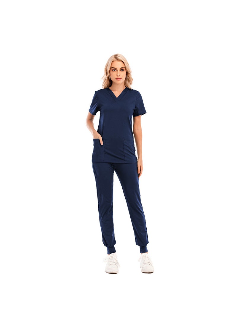 1 x 5 pcs Slim-Fit Scrubs Set for Men and Women, V-Neck Nursing Uniform 42016LW navy blue