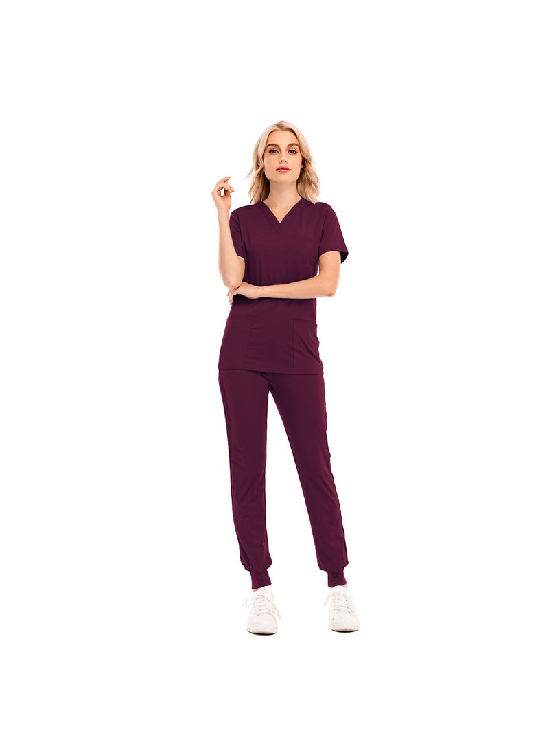 1 x 5 pcs Slim-Fit Scrubs Set for Men and Women, V-Neck Nursing Uniform 42016LW wine red