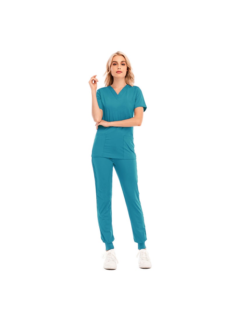 1 x 5 pcs Slim-Fit Scrubs Set for Men and Women, V-Neck Nursing Uniform 42016LW Lake Blue