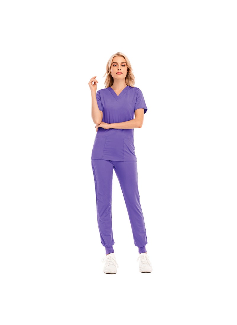 1 x 5 pcs Slim-Fit Scrubs Set for Men and Women, V-Neck Nursing Uniform 42016LW purple