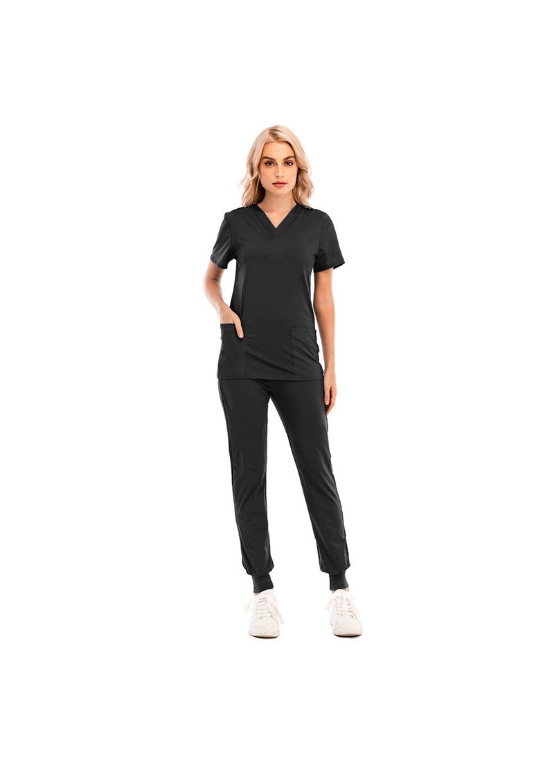 1 x 5 pcs Slim-Fit Scrubs Set for Men and Women, V-Neck Nursing Uniform 42016LW Black