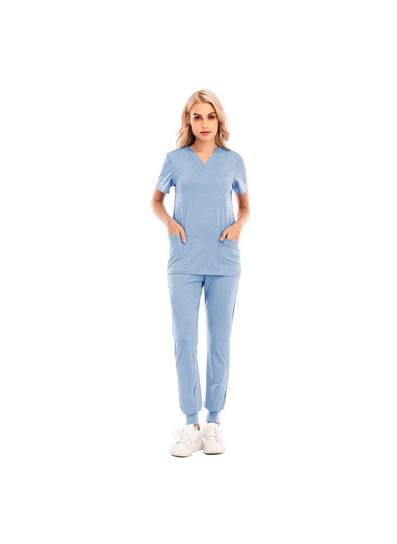 1 x 5 pcs Slim-Fit Scrubs Set for Men and Women, V-Neck Nursing Uniform 42016LW sky blue