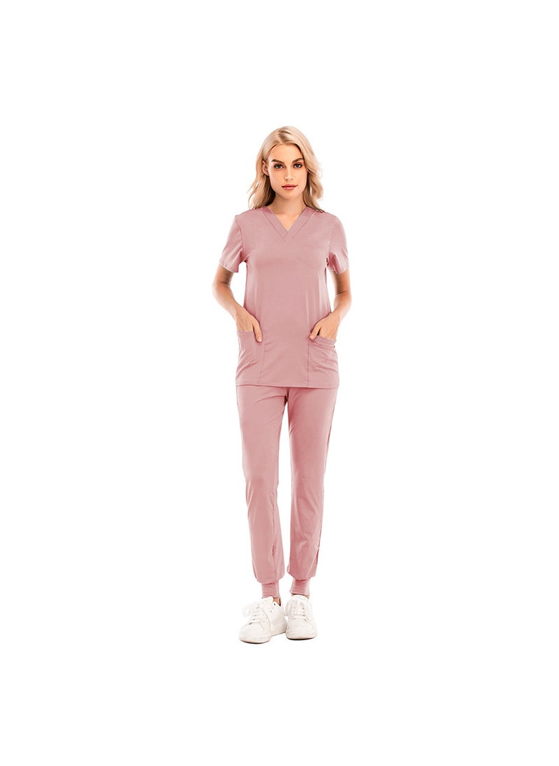 1 x 5 pcs Slim-Fit Scrubs Set for Men and Women, V-Neck Nursing Uniform 42016LW pink