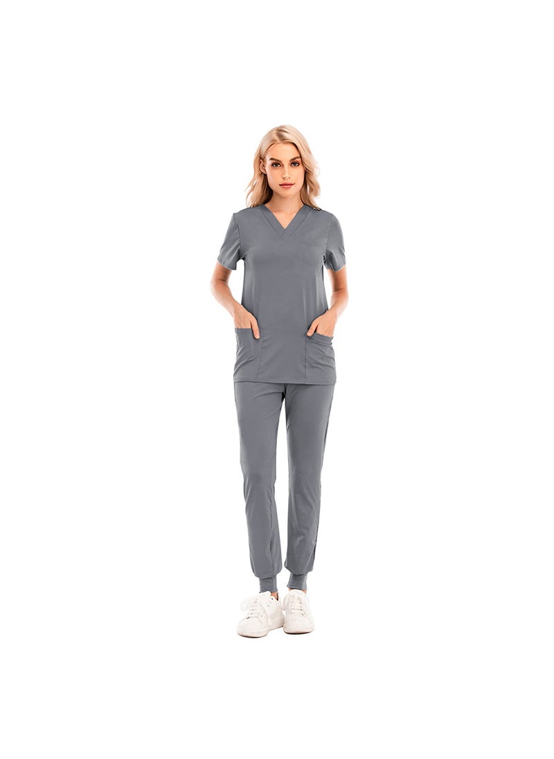 1 x 5 pcs Slim-Fit Scrubs Set for Men and Women, V-Neck Nursing Uniform 42016LW Gray