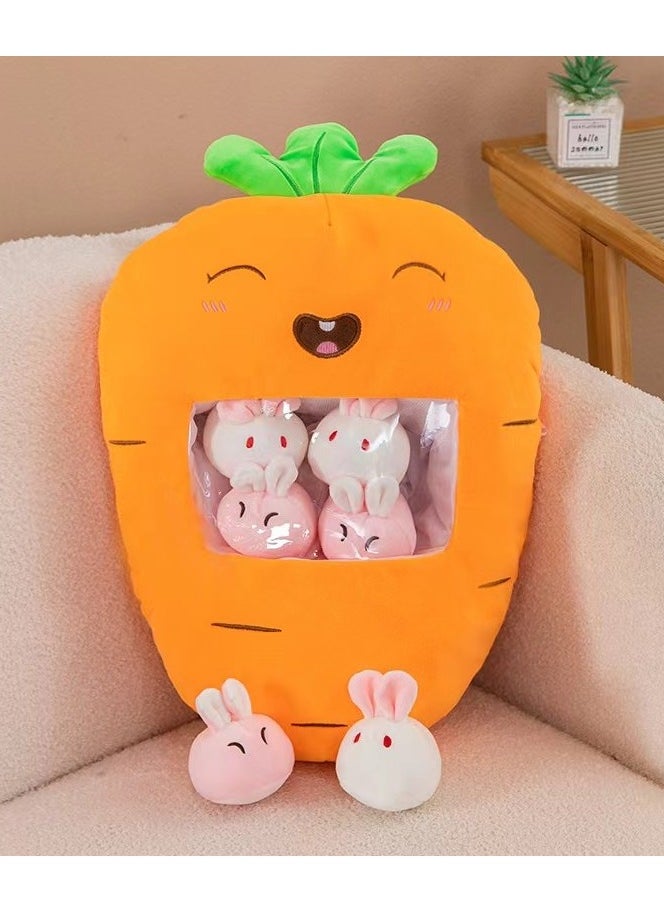 Cute Plush Pillow Removable Stuffed Animal Toy Creative Gift Children's Soft Pillow Room Decoration - Carrot (6 Animal Balls Inside)