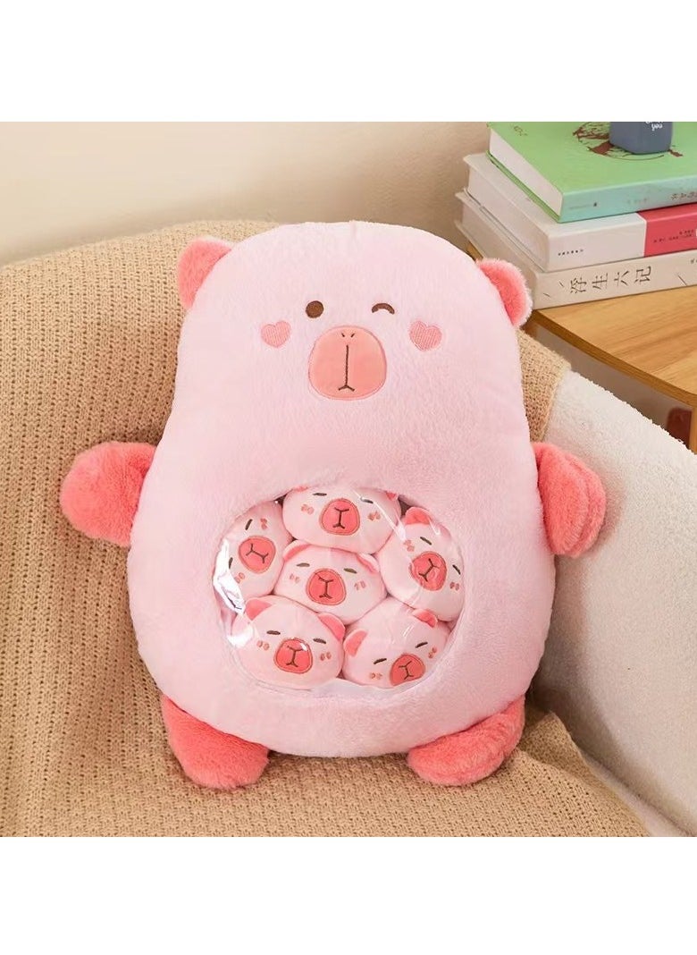 Cute Plush Pillow Removable Stuffed Animal Toy Creative Gift Children's Soft Pillow Room Decoration - Pink Capybara (6 Animal Balls Inside)