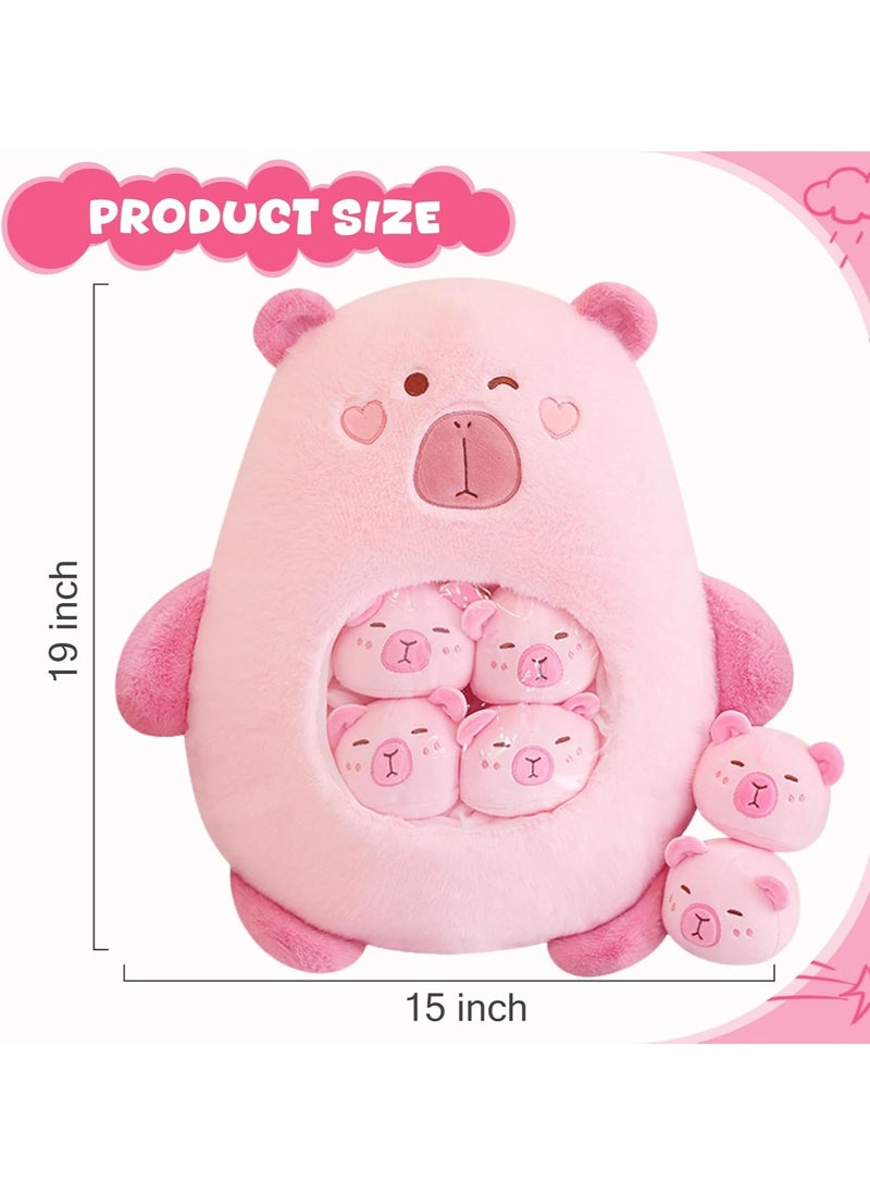 Cute Plush Pillow Removable Stuffed Animal Toy Creative Gift Children's Soft Pillow Room Decoration - Pink Capybara (6 Animal Balls Inside)