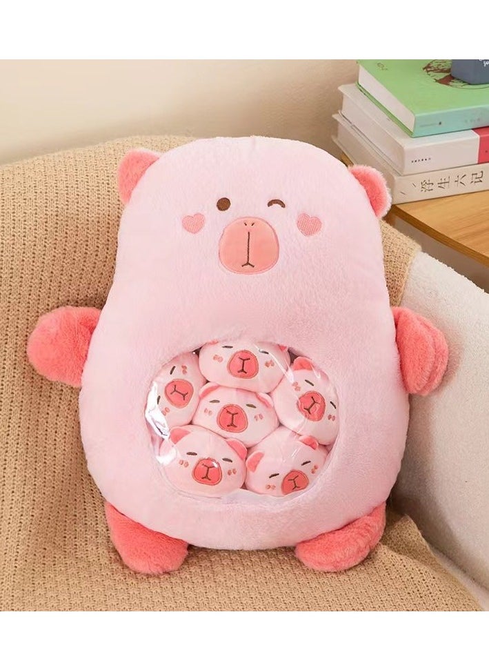 Cute Plush Pillow Removable Stuffed Animal Toy Creative Gift Children's Soft Pillow Room Decoration - Pink Capybara (6 Animal Balls Inside)