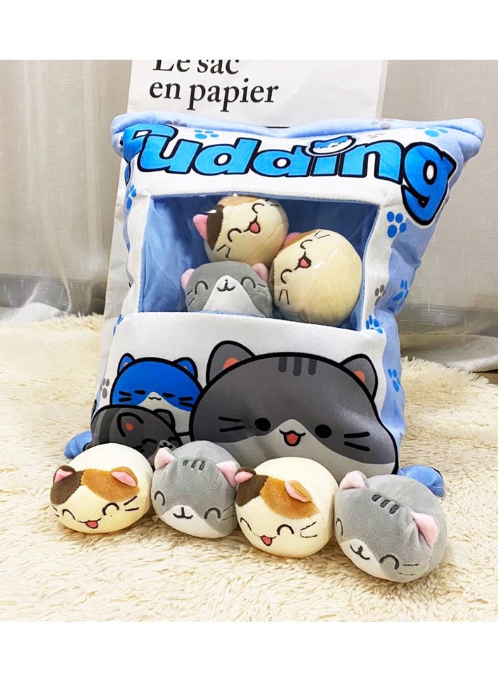 Cute Plush Pillow Removable Stuffed Animal Toy Creative Gift Children's Soft Pillow Room Decoration - Blue Cat (8 Animal Balls Inside)