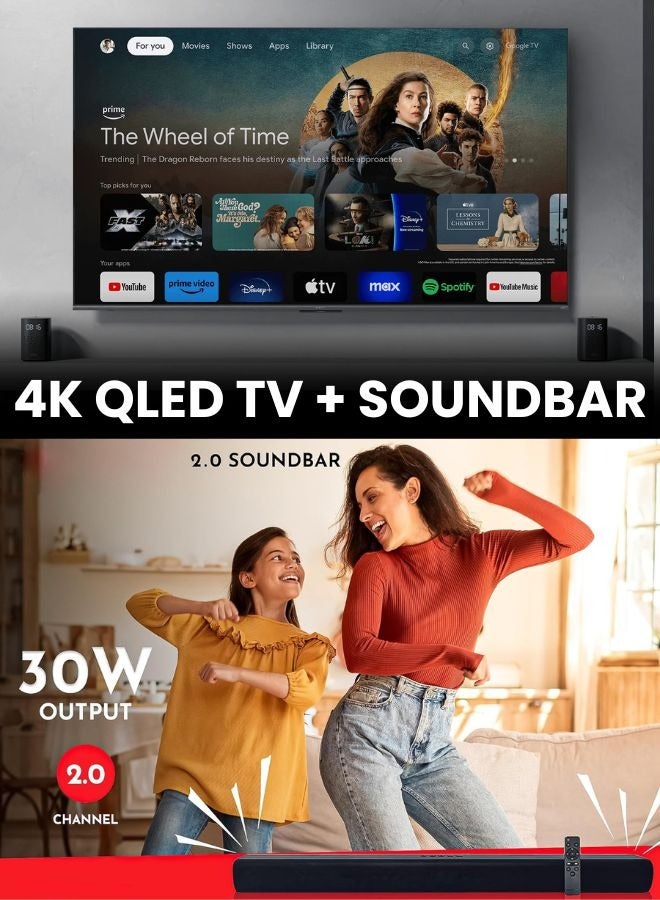 55-inch QLED 4K UHD TV with Google TV & 60Hz Refresh Rate + Immersive Soundbar with Dynamic Audio, HDMI ARC, Bluetooth, Optical & USB Connectivity 55APRO2025+SOUNDBAR Black