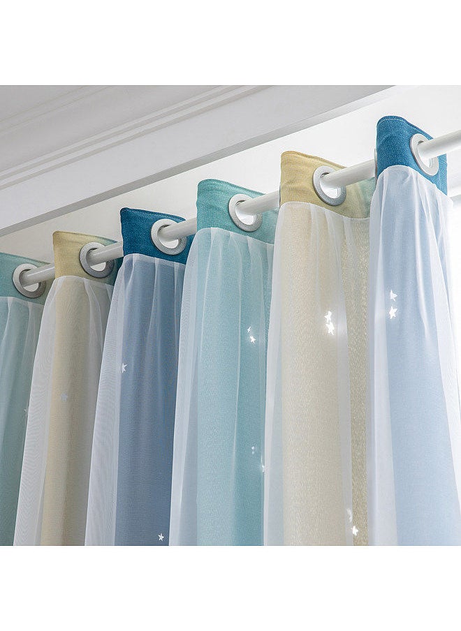 2pc Curtain Simple Gradient Hollow-out Star Pattern Double Layer Blackout Bedroom Living Room Insulation Curtain