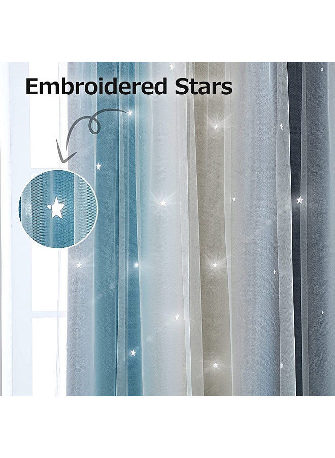 2pc Curtain Simple Gradient Hollow-out Star Pattern Double Layer Blackout Bedroom Living Room Insulation Curtain