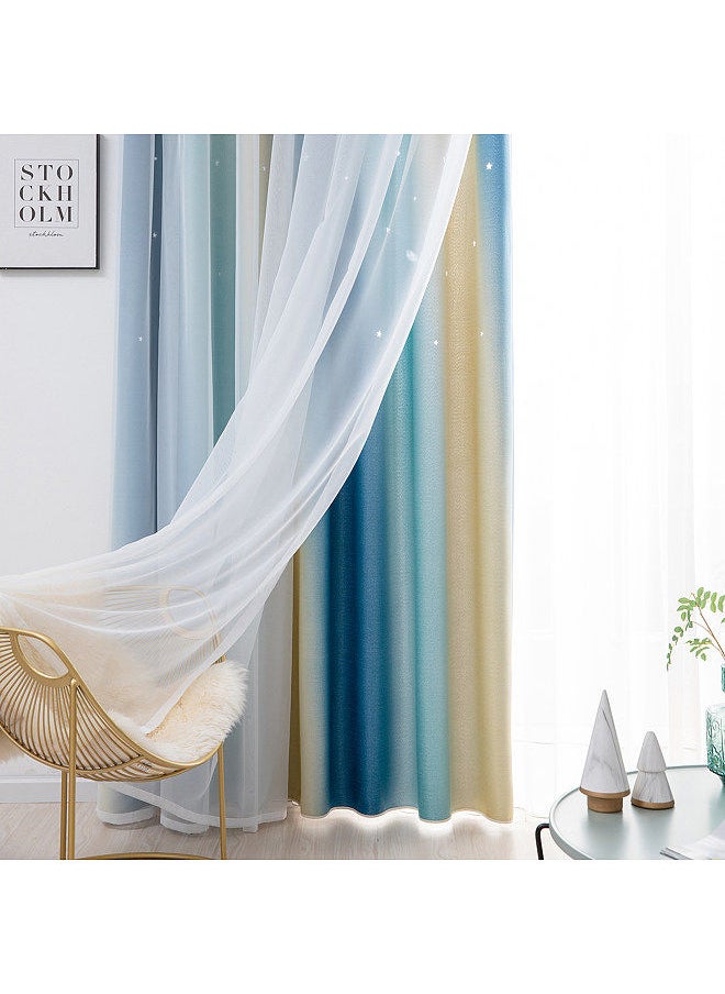 2pc Curtain Simple Gradient Hollow-out Star Pattern Double Layer Blackout Bedroom Living Room Insulation Curtain