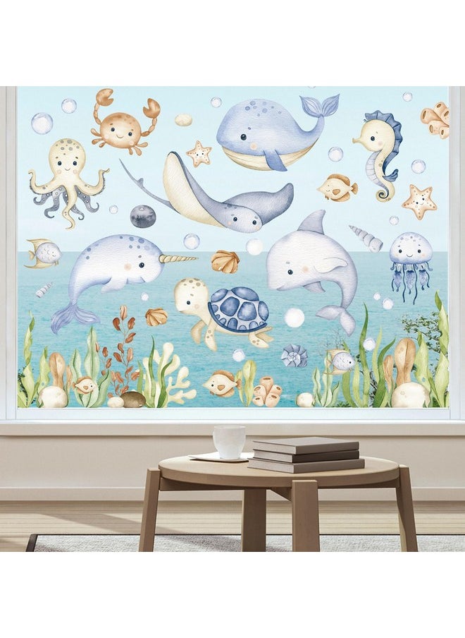 80Pcs Ocean Themed Window Clings Watercolor Under The Sea Window Decals Doublesided Reusable Pvc Cartoon Whale Crab Turtle Sea Animal Stickers For Summer School Home Party Decor 6 Sheet