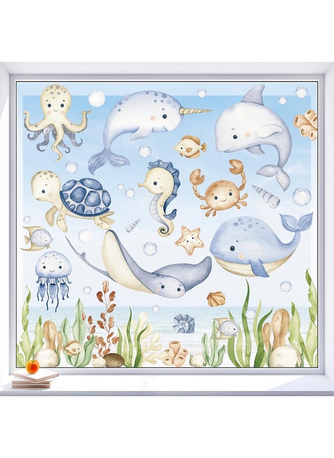 80Pcs Ocean Themed Window Clings Watercolor Under The Sea Window Decals Doublesided Reusable Pvc Cartoon Whale Crab Turtle Sea Animal Stickers For Summer School Home Party Decor 6 Sheet