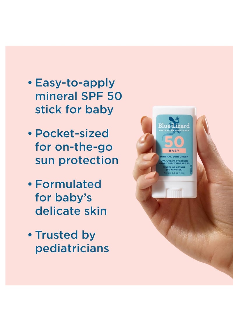 Blue Lizard BABY Mineral Sunscreen Stick with Zinc Oxide, SPF 50+, Water Resistant, UVA/UVB Protection - Easy to apply, Fragrance Free, .5 oz