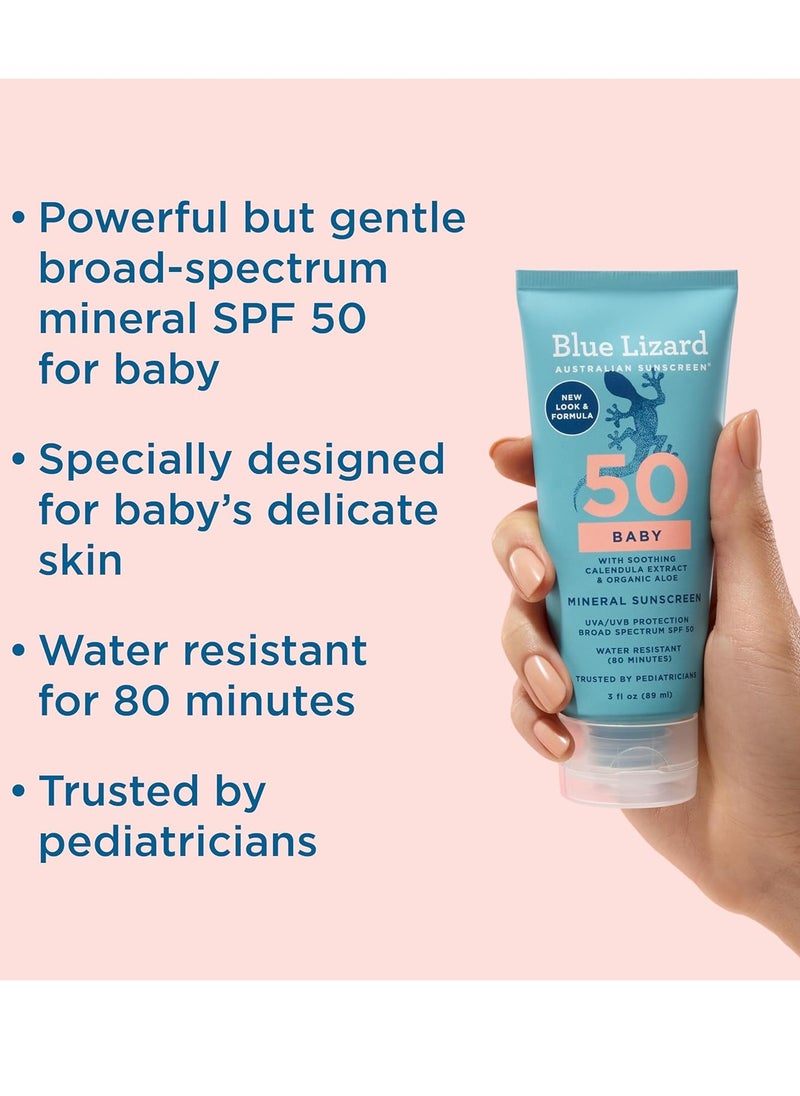 BLUE LIZARD Baby Mineral Sunscreen with Zinc Oxide, SPF 50+, Water Resistant, UVA/UVB Protection with Smart Cap Technology - Fragrance Free, 3 Ounce Tube