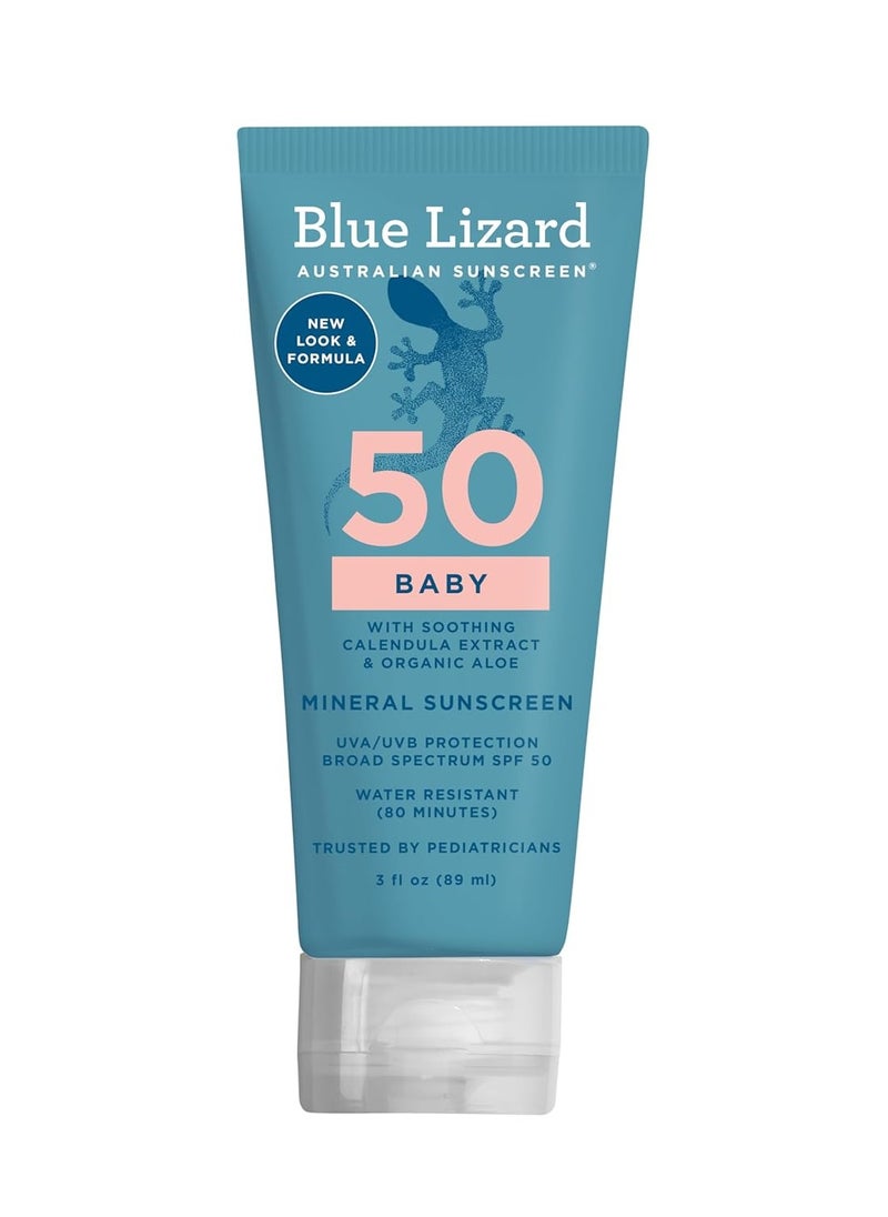 BLUE LIZARD Baby Mineral Sunscreen with Zinc Oxide, SPF 50+, Water Resistant, UVA/UVB Protection with Smart Cap Technology - Fragrance Free, 3 Ounce Tube