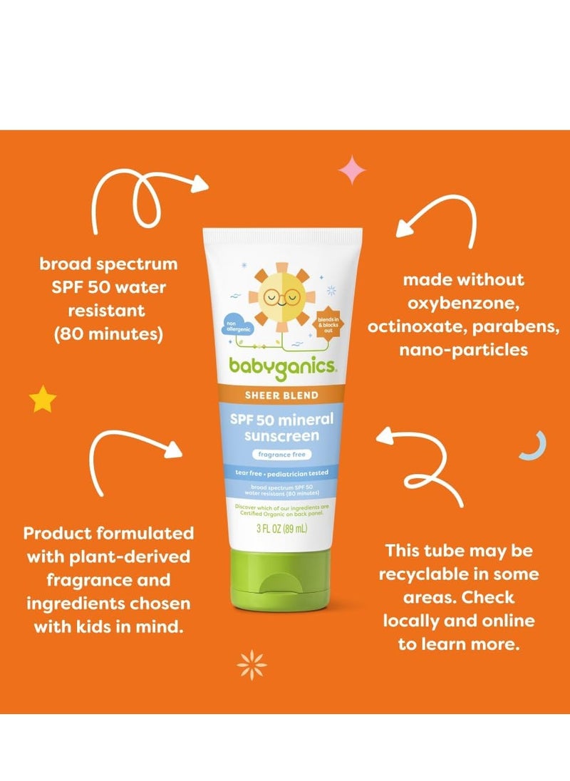 Babyganics SPF 50 Mineral Sunscreen Lotion, Sheer Blend, UVA UVB Protection, Octinoxate & Oxybenzone Free, Water Resistant, Fragrance Free, 3 oz