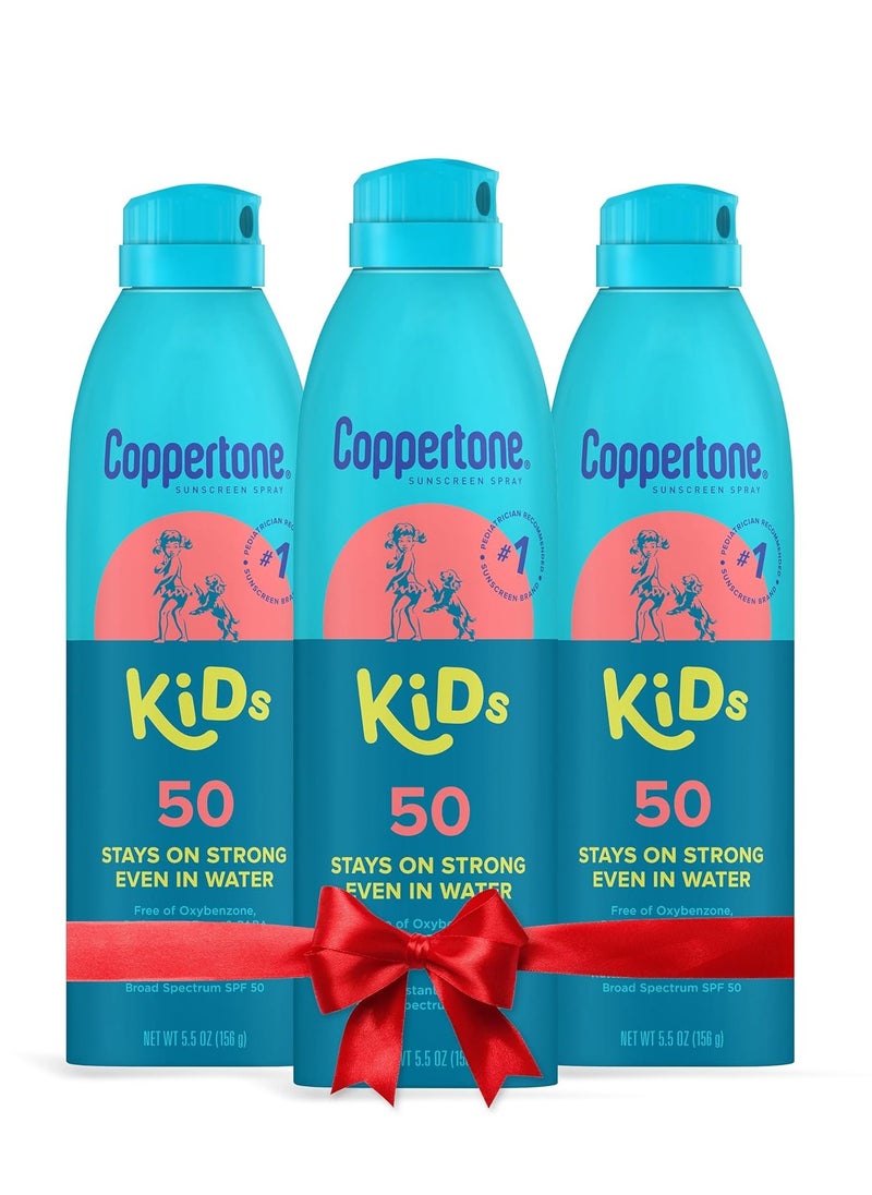 Coppertone Kids Sunscreen Spray SPF 50, Water Resistant Spray Sunscreen for Kids, Pediatrician Recommended Sunscreen Brand, Bulk Sunscreen SPF 50, 5.5 Oz Bottle, Pack of 3