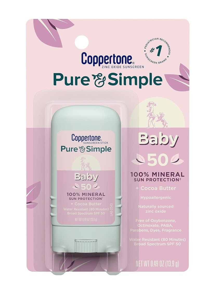 Coppertone Pure and Simple Baby SPF 50 Sunscreen Stick, Zinc Oxide Mineral Sunscreen, Baby Sunscreen Stick, Face Sunscreen, 0.49 Oz