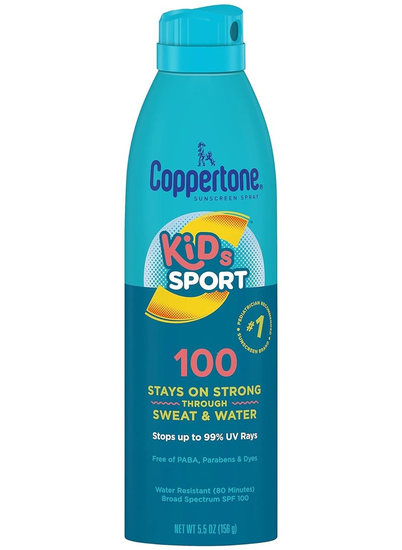 Coppertone SPORT Kids Sunscreen Spray SPF 100, Water Resistant, Continuous Spray Sunscreen for Kids, Broad Spectrum Sunscreen SPF 100, 5.5 Oz Spray