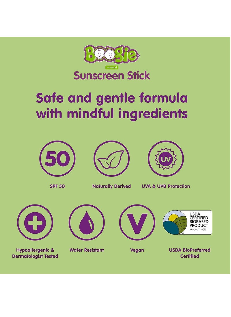 Baby Sunscreen Stick by Boogie, Mineral Sunscreen SPF 50, Travel Size Sunblock for Kids, FSA/HSA Eligible, Zinc Oxide, Water Resistant, Vegan, Fragrance Free, Pack of 2