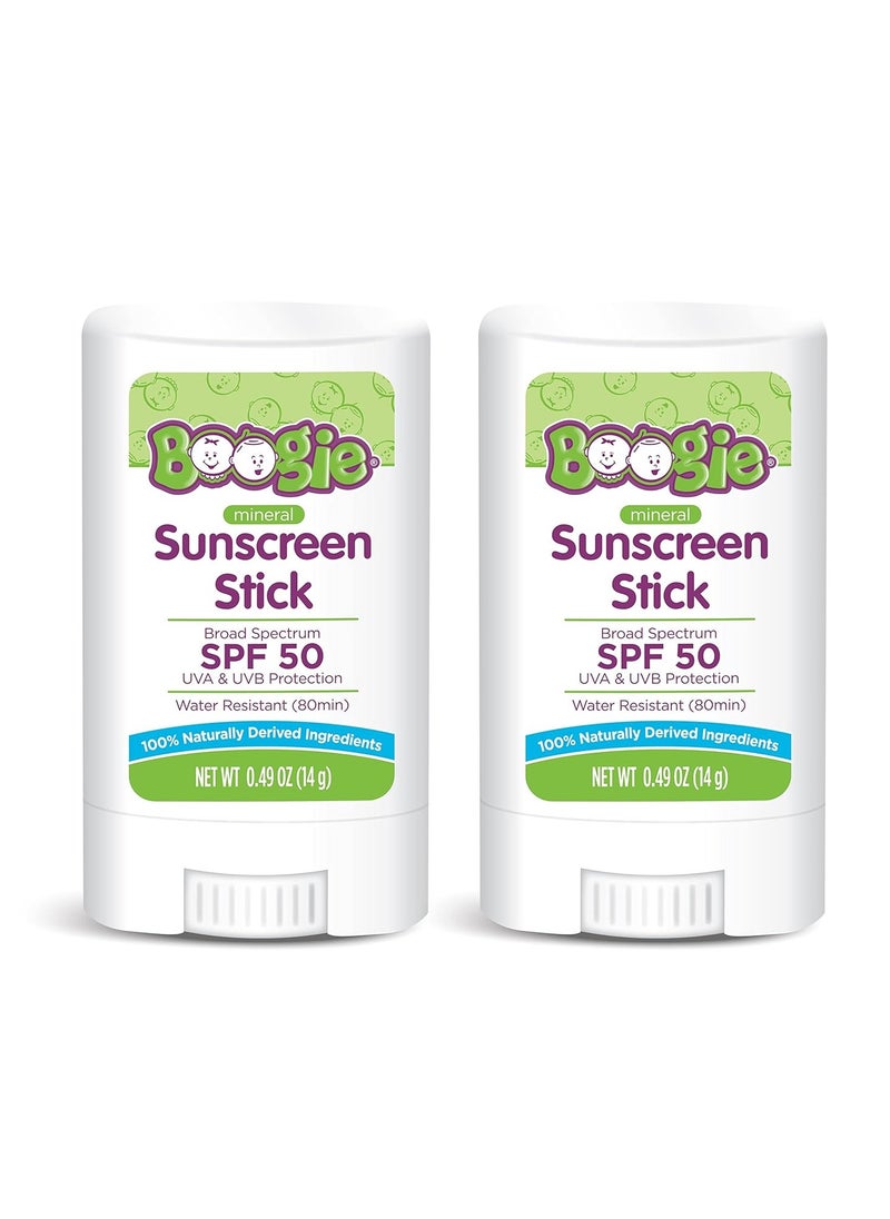 Baby Sunscreen Stick by Boogie, Mineral Sunscreen SPF 50, Travel Size Sunblock for Kids, FSA/HSA Eligible, Zinc Oxide, Water Resistant, Vegan, Fragrance Free, Pack of 2