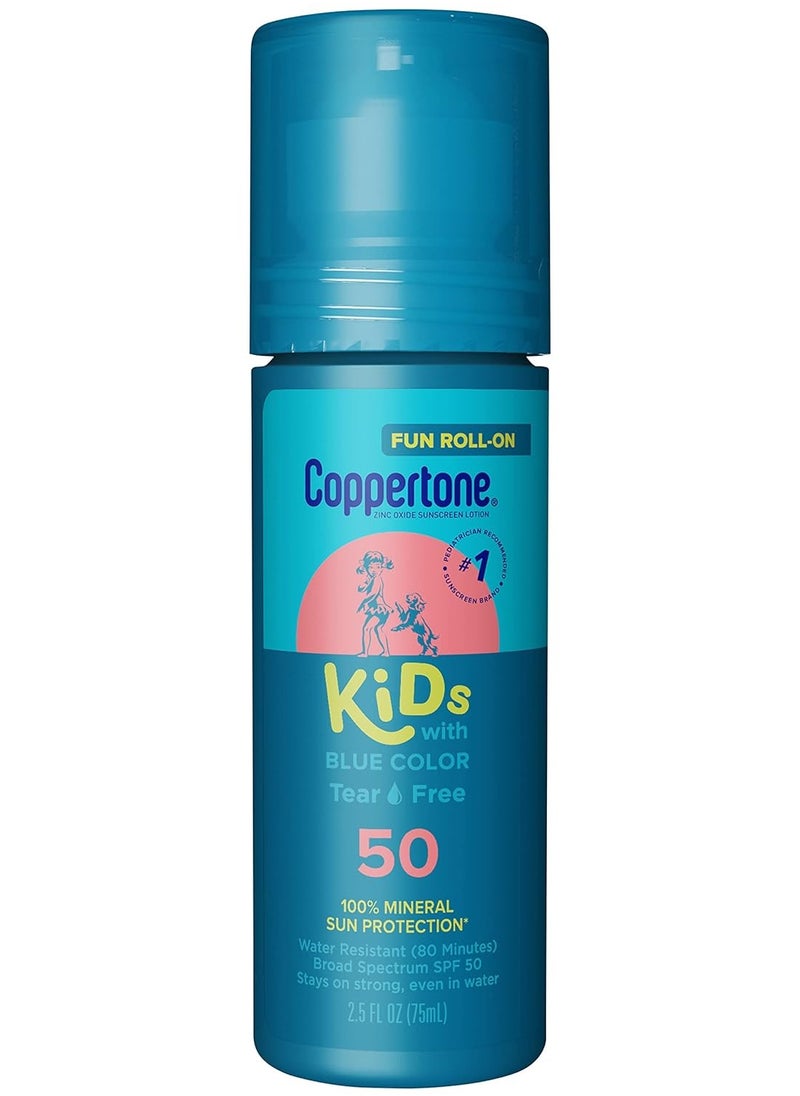 Coppertone Kids Roll On Sunscreen Lotion SPF 50, Kids Sunscreen with Blue Color, Tear Free Sunscreen with Zinc Oxide Sun Protection, 2.5 Fl Oz Tube