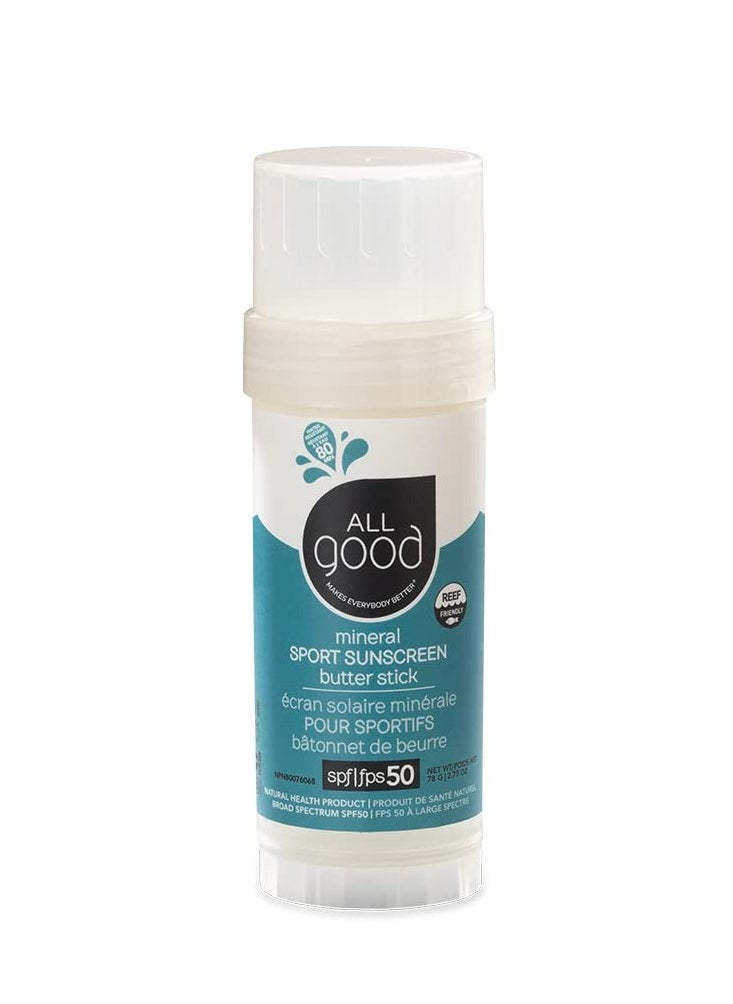 All Good Sunscreen - Sports Mineral for Face, Nose, Ears- Butter Stick SPF 50 - Coral Reef Friendly, Water Resistant, Zinc Oxide, Coconut Oil, Beeswax, Vitamin E (2.75 oz)