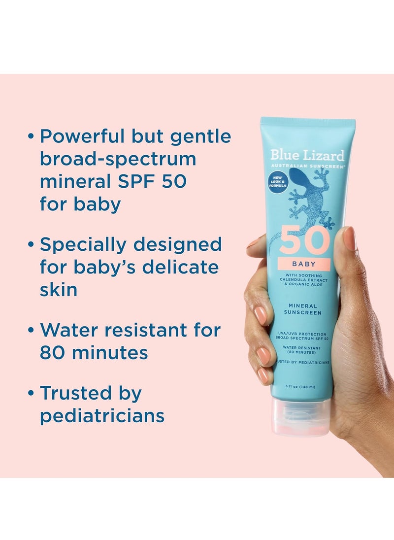 Blue Lizard BABY Mineral Sunscreen with Zinc Oxide, SPF 50+, Water Resistant, UVA/UVB Protection with Smart Cap Technology - Fragrance Free, , 5 oz. Tube