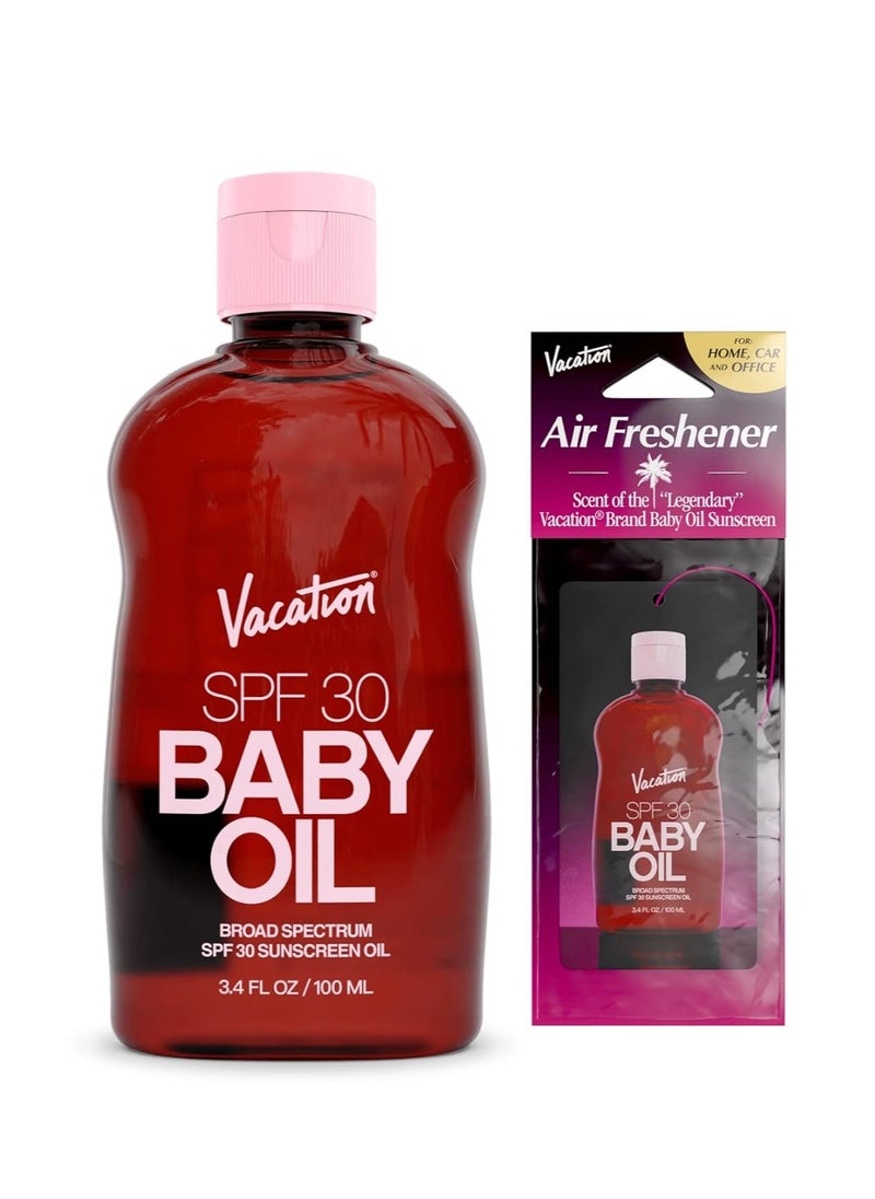 Vacation Baby Oil SPF 30 + Air Freshener Bundle, Broad Spectrum SPF 30 Sunscreen Oil, Vegan Suntan Oil with Broad Spectrum SPF, Sunscreen Tanning Oil, TSA Friendly, Travel Size, 3.4 fl. oz.