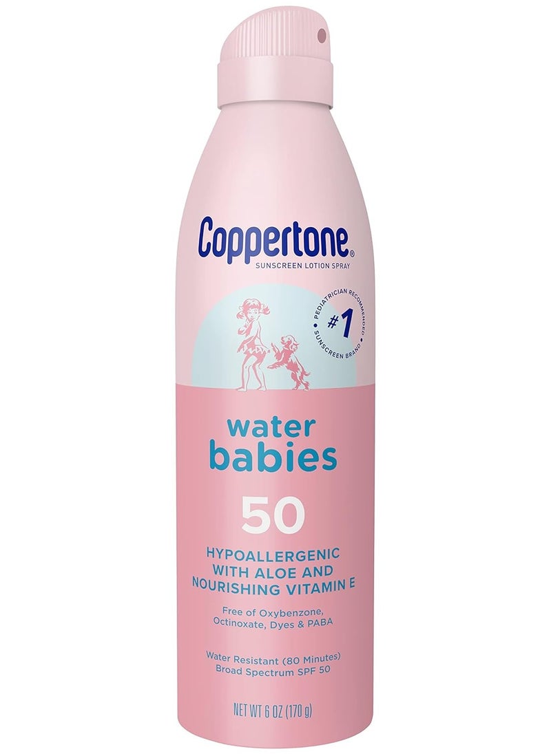 Coppertone Water Babies Sunscreen Lotion Spray SPF 50, Pediatrician Recommended Baby Sunscreen Spray, Water Resistant Sunscreen for Babies, Bulk Sunscreen, 6 Oz, Pack of 3