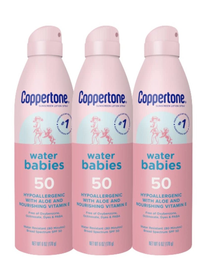 Coppertone Water Babies Sunscreen Lotion Spray SPF 50, Pediatrician Recommended Baby Sunscreen Spray, Water Resistant Sunscreen for Babies, Bulk Sunscreen, 6 Oz, Pack of 3