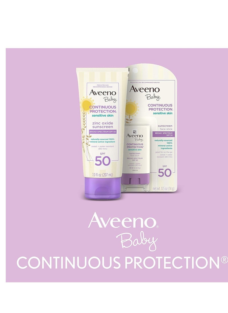 Aveeno Baby Continuous Protection Zinc Oxide Mineral Sunscreen Lotion for Sensitive Skin, Broad Spectrum SPF 50, Tear-Free, Sweat- & Water-Resistant, Paraben-Free, Non-Greasy, 7 fl. Oz