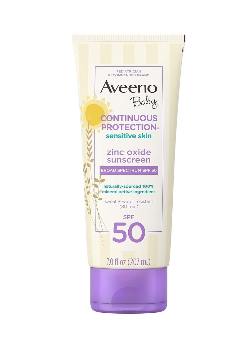 Aveeno Baby Continuous Protection Zinc Oxide Mineral Sunscreen Lotion for Sensitive Skin, Broad Spectrum SPF 50, Tear-Free, Sweat- & Water-Resistant, Paraben-Free, Non-Greasy, 7 fl. Oz