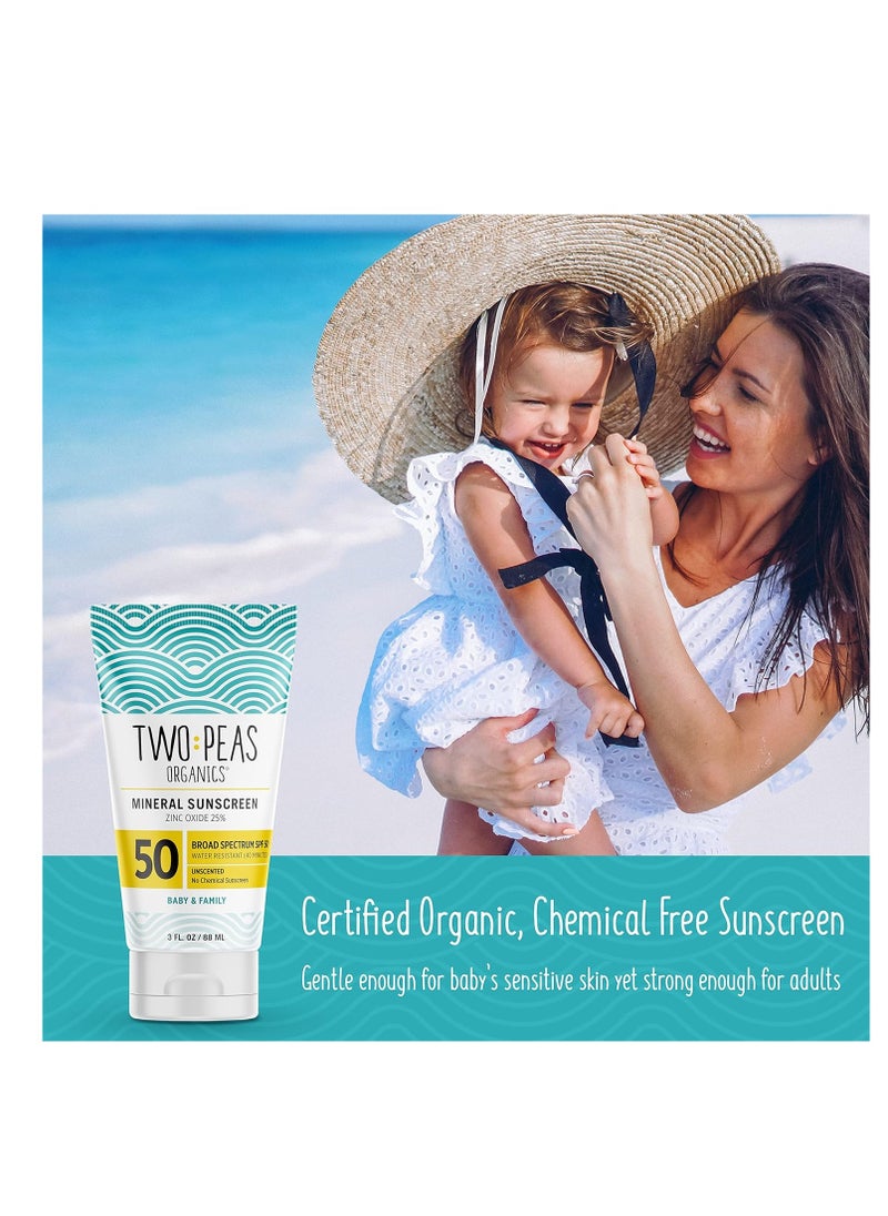 All Natural Organic SPF 50 Sunscreen Lotion - Coral Reef Safe - Baby, Kid & Family Friendly - Chemical Free Mineral Based Formula - Waterproof & Unscented – 3oz