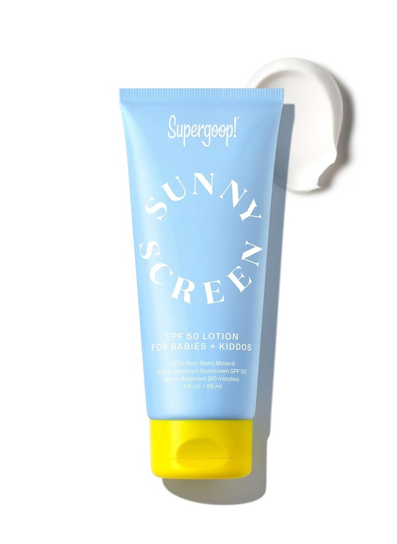 Supergoop! Sunnyscreen 100% Mineral Lotion SPF 50, 3.0 fl oz - Face & Body Sunscreen for Babies & Kids - 100% Non-Nano Mineral Formula - Pediatrician Tested, Hypoallergenic, Fragrance & Silicone Free