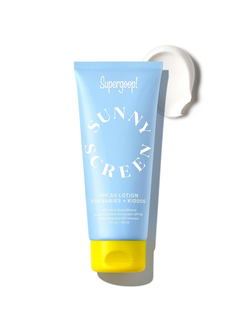 Supergoop! Sunnyscreen 100% Mineral Lotion SPF 50, 3.0 fl oz - Face & Body Sunscreen for Babies & Kids - 100% Non-Nano Mineral Formula - Pediatrician Tested, Hypoallergenic, Fragrance & Silicone Free