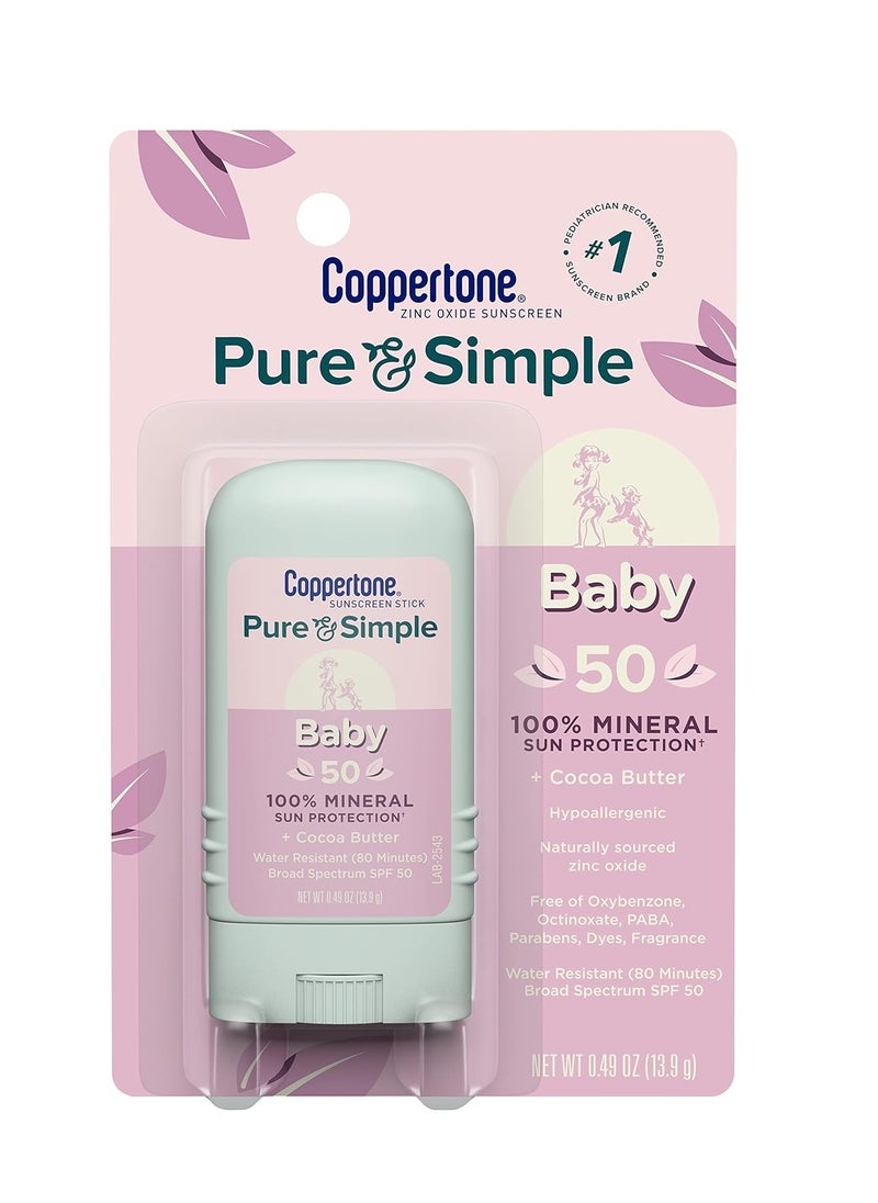 Coppertone Pure and Simple Baby Mineral Sunscreen Pack, Hypoallergenic and Tear Free Sunscreen for Babies, Baby Sunscreen Lotion SPF 50, 6 Fl Oz Bottle + Baby Sunscreen Stick SPF 50, 0.49 Oz