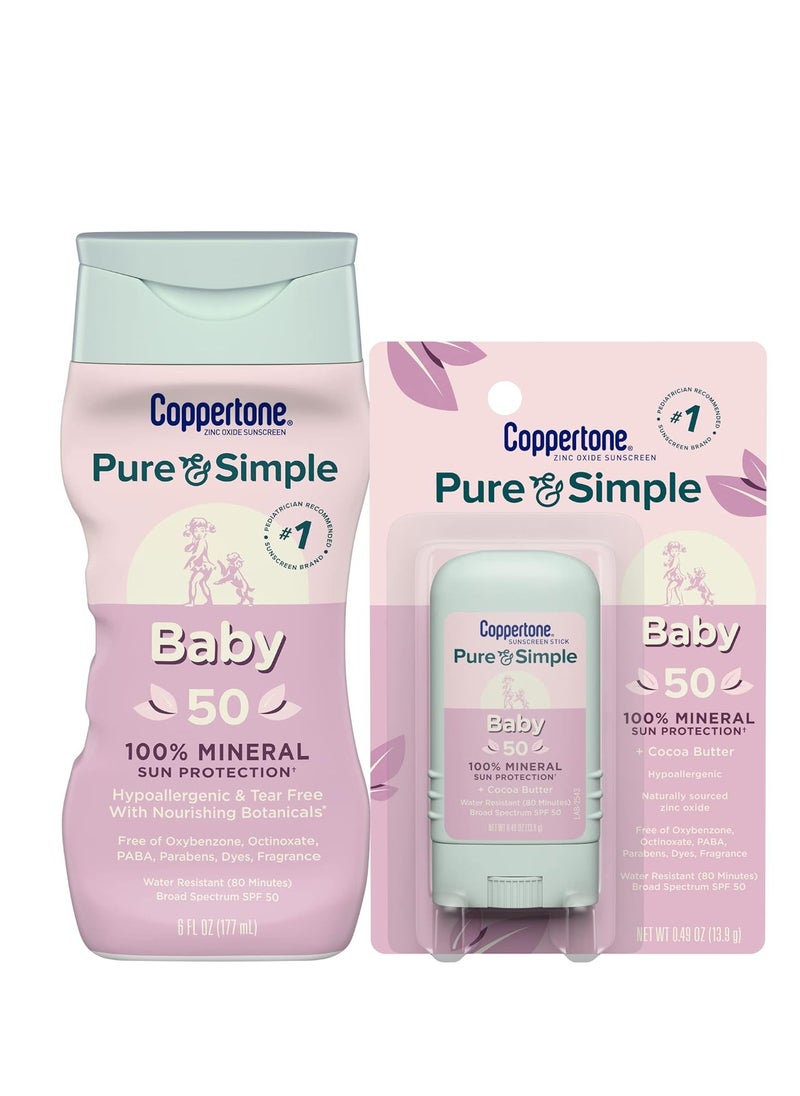 Coppertone Pure and Simple Baby Mineral Sunscreen Pack, Hypoallergenic and Tear Free Sunscreen for Babies, Baby Sunscreen Lotion SPF 50, 6 Fl Oz Bottle + Baby Sunscreen Stick SPF 50, 0.49 Oz