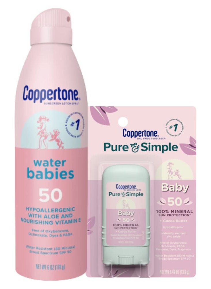 Coppertone Baby Sunscreen Pack, Coppertone WaterBabies SPF 50 Sunscreen Spray, 6 Oz Can + Coppertone Pure and Simple Baby Sunscreen Stick, Mineral Sunscreen SPF 50, Tear Free, 0.49 Oz Stick