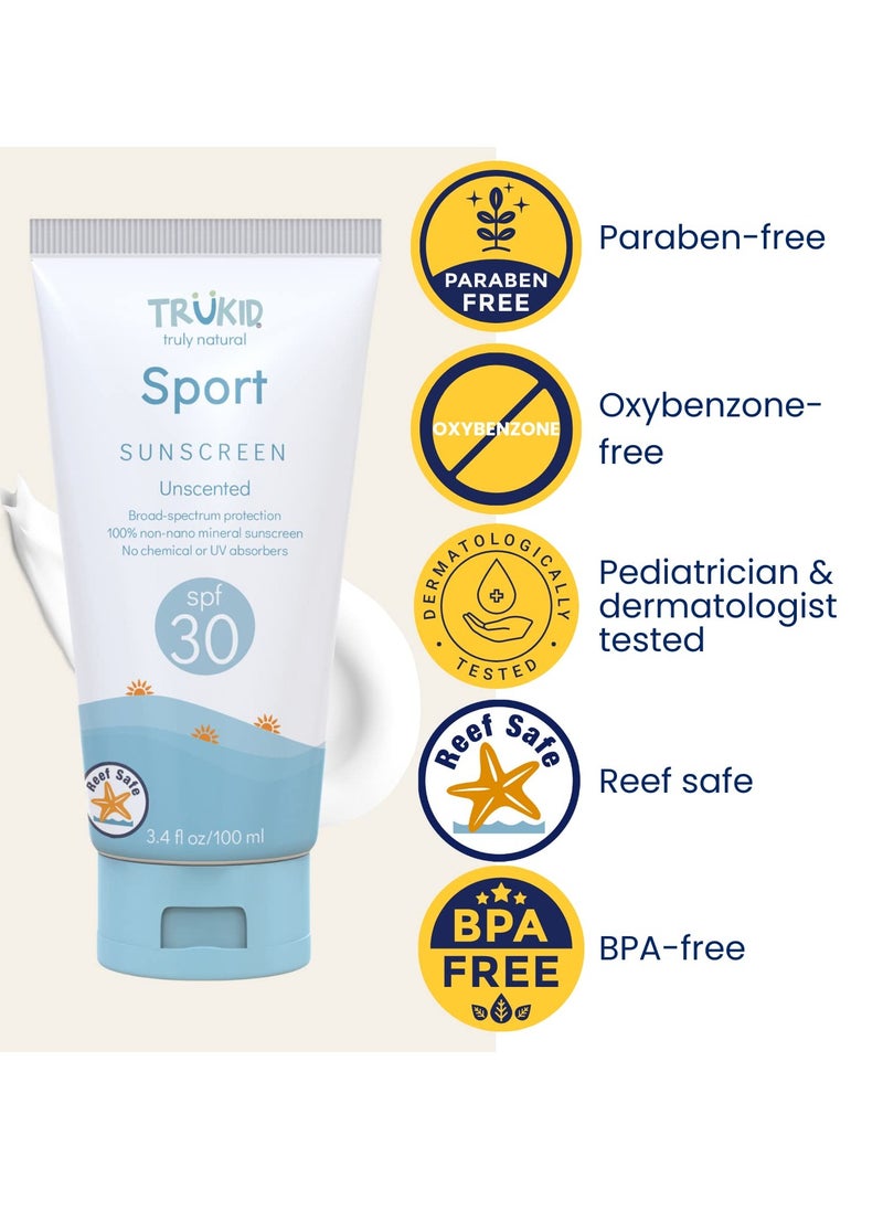 TruKid Sport SPF30 Face Sunscreen Unscented 3.4oz Baby Sunscreen, Natural Ingredients Kids Sunscreen, Reef-Friendly Travel Size Sun Screen, Beach Defense Sunscreen for Kids, Toddlers, Babies & Adults