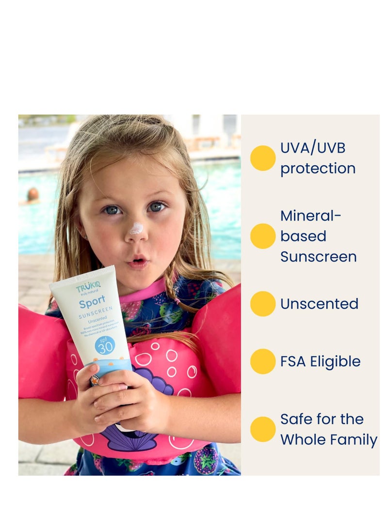 TruKid Sport SPF30 Face Sunscreen Unscented 3.4oz Baby Sunscreen, Natural Ingredients Kids Sunscreen, Reef-Friendly Travel Size Sun Screen, Beach Defense Sunscreen for Kids, Toddlers, Babies & Adults