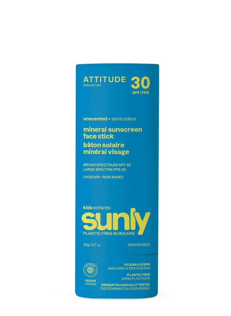 ATTITUDE Mineral Face Sunscreen Stick for Kids, SPF 30, EWG Verified, Plastic-Free, Broad Spectrum UVA/UVB Protection with Zinc Oxide, Dermatologically Tested, Vegan, Unscented, 0.7 Ounce