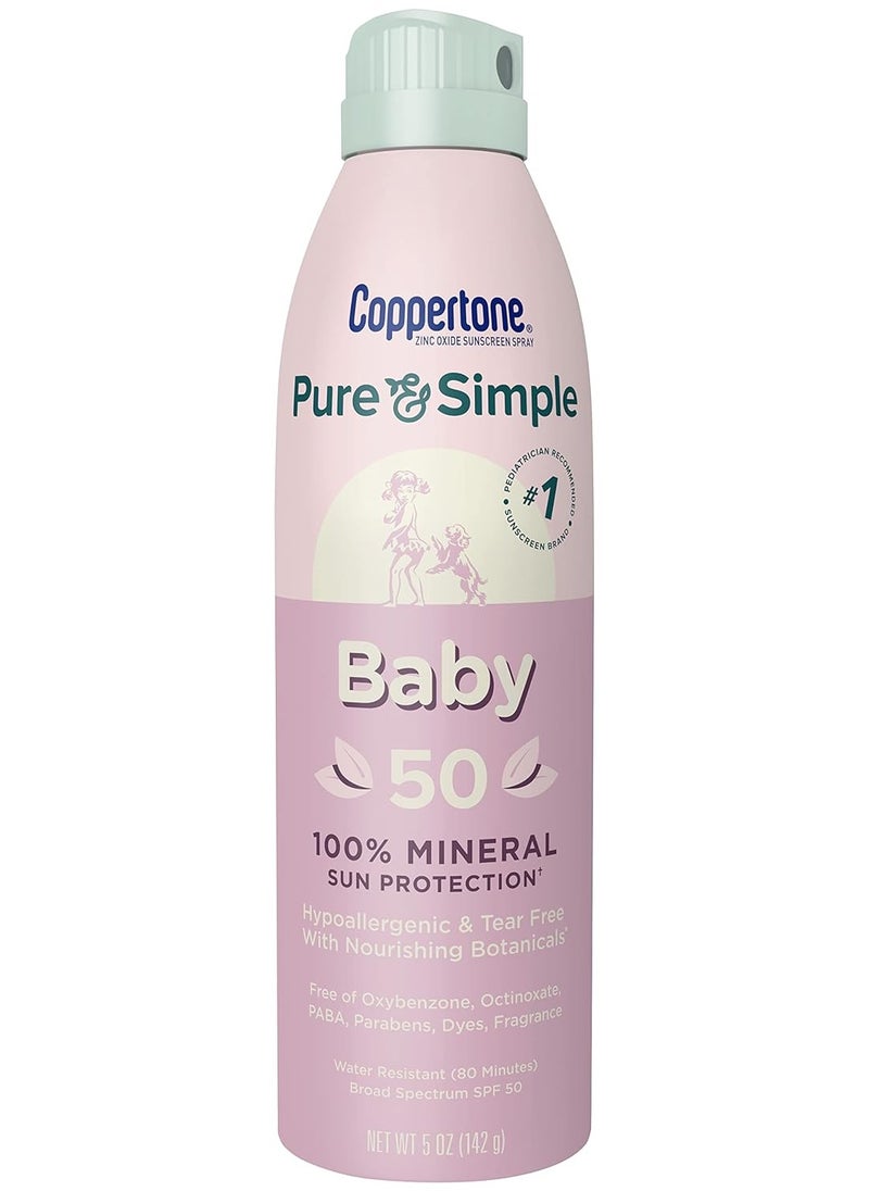 Coppertone Pure and Simple Baby Mineral Sunscreen Pack, Hypoallergenic and Tear Free Sunscreen for Babies, Baby Sunscreen Spray SPF 50, 5 Oz Can + Baby Sunscreen Stick SPF 50, 0.49 Oz