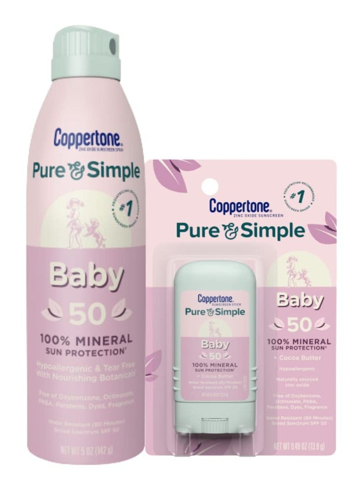 Coppertone Pure and Simple Baby Mineral Sunscreen Pack, Hypoallergenic and Tear Free Sunscreen for Babies, Baby Sunscreen Spray SPF 50, 5 Oz Can + Baby Sunscreen Stick SPF 50, 0.49 Oz